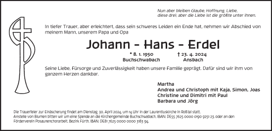 Traueranzeige von Johann Hans-Erdel von Ansbach