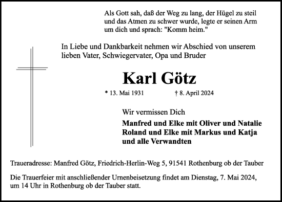Traueranzeige von Karl Götz von Rothenburg