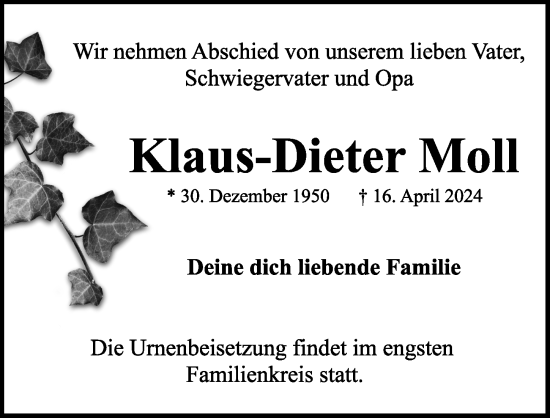 Traueranzeige von Klaus-Dieter Moll von Rothenburg