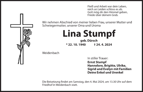 Traueranzeige von Lina Stumpf von Ansbach