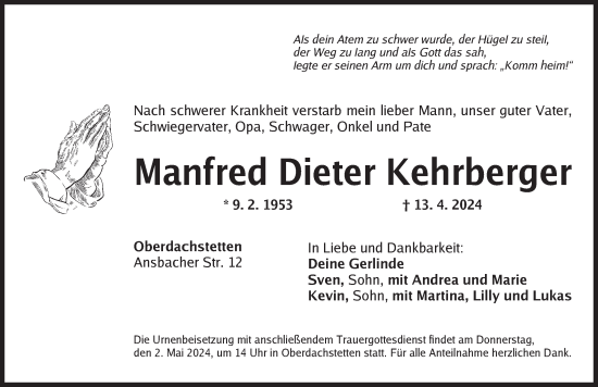 Traueranzeige von Manfred Dieter Kehrberger von Ansbach