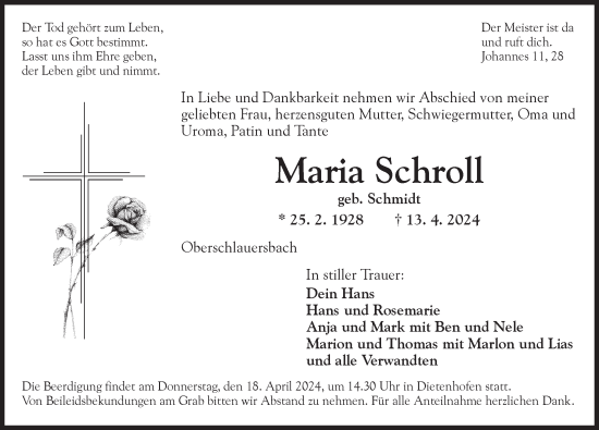Traueranzeige von Maria Schroll von Ansbach