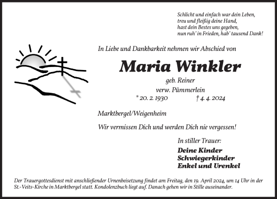 Traueranzeige von Maria Winkler von Neustadt/ Scheinfeld/ Uffenheim