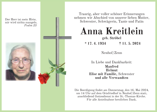 Traueranzeige von Anna Kreitlein von Neustadt/ Scheinfeld/ Uffenheim