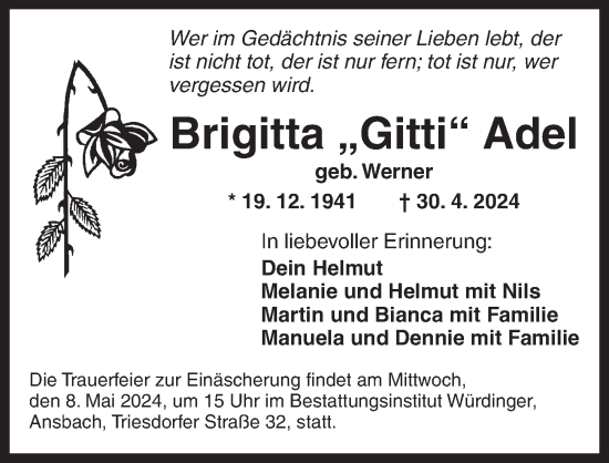 Traueranzeige von Brigitta  Adel von Ansbach