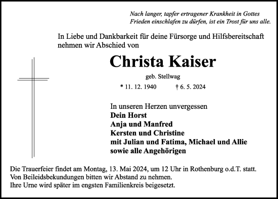 Traueranzeige von Christa Kaiser von Rothenburg