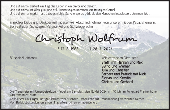 Traueranzeige von Christoph Wolfrum von Ansbach