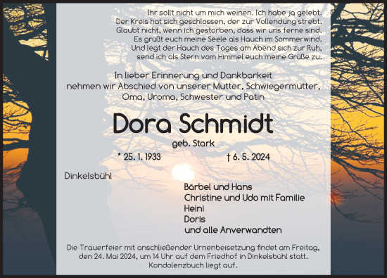 Traueranzeige von Dora Schmidt von Dinkelsbühl/ Feuchtwangen