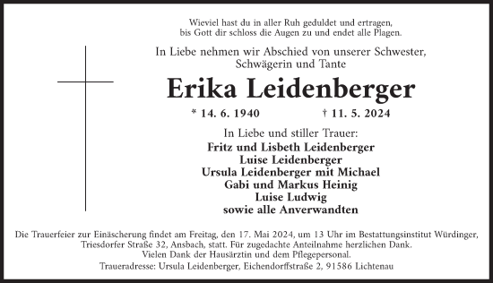 Traueranzeige von Erika Leidenberger von Ansbach