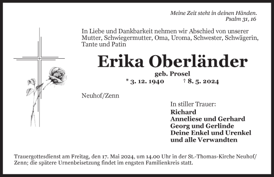 Traueranzeige von Erika Oberländer von Neustadt/ Scheinfeld/ Uffenheim