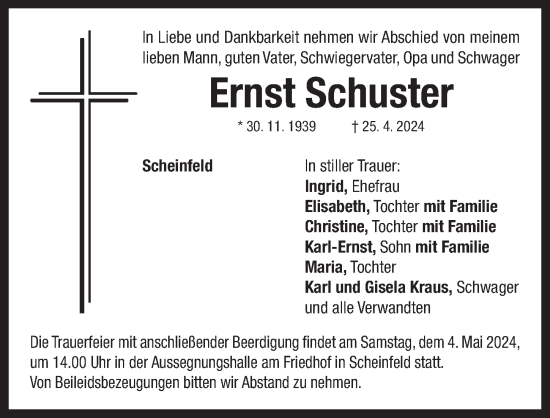 Traueranzeige von Ernst Schuster von Neustadt/ Scheinfeld/ Uffenheim