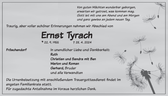 Traueranzeige von Ernst Tyrach von Neustadt/ Scheinfeld/ Uffenheim