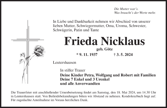 Traueranzeige von Frieda Nicklaus von Ansbach