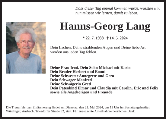 Traueranzeige von Hanns-Georg Lang von Ansbach