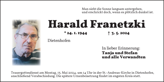 Traueranzeige von Harald Franetzki von Ansbach