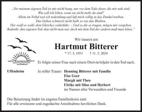 Traueranzeige von Hartmut Bitterer von Neustadt/ Scheinfeld/ Uffenheim