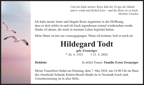 Traueranzeige von Hildegard Todt von Neustadt/ Scheinfeld/ Uffenheim