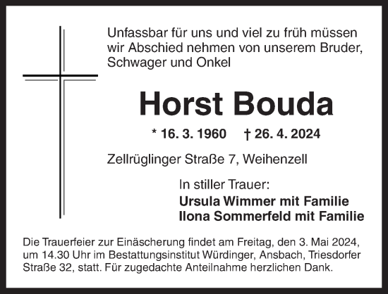 Traueranzeige von Horst Bouda von Ansbach