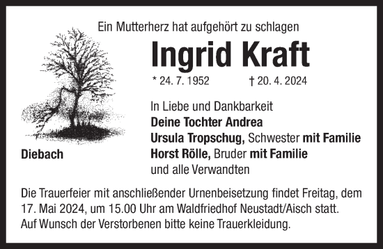 Traueranzeige von Ingrid Kraft von Neustadt/ Scheinfeld/ Uffenheim