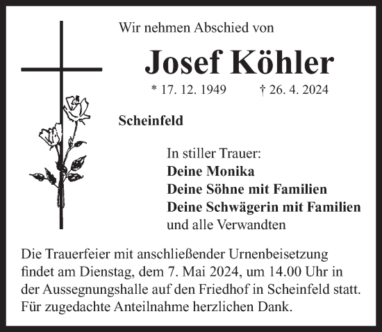 Traueranzeige von Josef Köhler von Neustadt/ Scheinfeld/ Uffenheim