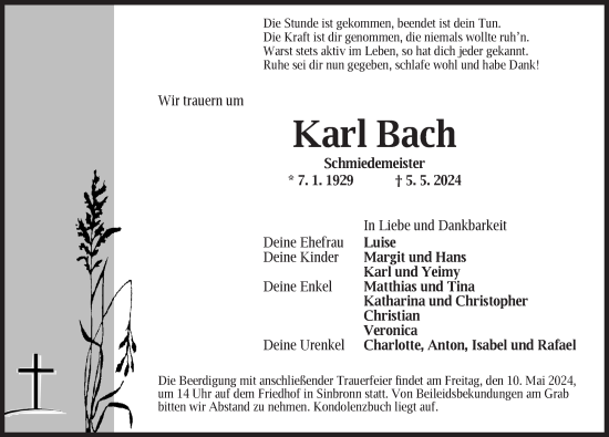Traueranzeige von Karl Bach von Dinkelsbühl/ Feuchtwangen