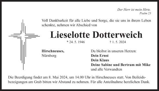 Traueranzeige von Lieselotte Dotterweich von Neustadt/ Scheinfeld/ Uffenheim