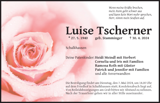Traueranzeige von Luise Tscherner von Ansbach