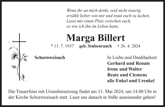 Traueranzeige von Marga Billert von Neustadt/ Scheinfeld/ Uffenheim