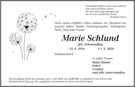 Traueranzeige von Marie Schlund von Ansbach