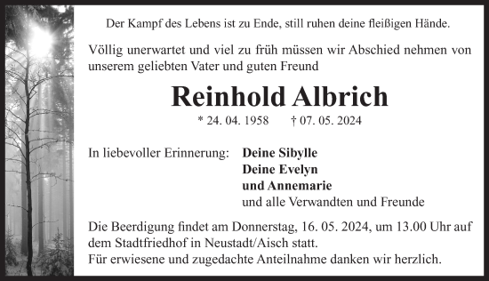 Traueranzeige von Reinhold Albrich von Neustadt/ Scheinfeld/ Uffenheim