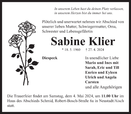 Traueranzeige von Sabine Klier von Neustadt/ Scheinfeld/ Uffenheim