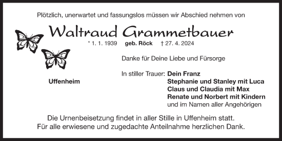 Traueranzeige von Waltraud Grammetbauer von Neustadt/ Scheinfeld/ Uffenheim