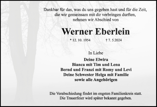 Traueranzeige von Werner Eberlein von Dinkelsbühl/ Feuchtwangen