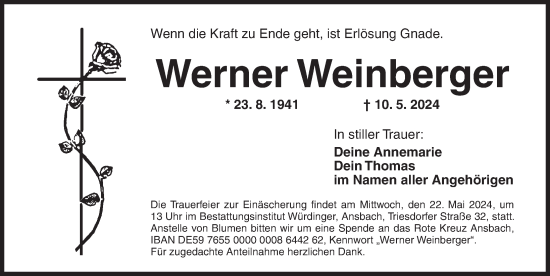 Traueranzeige von Werner Weinberger von Ansbach