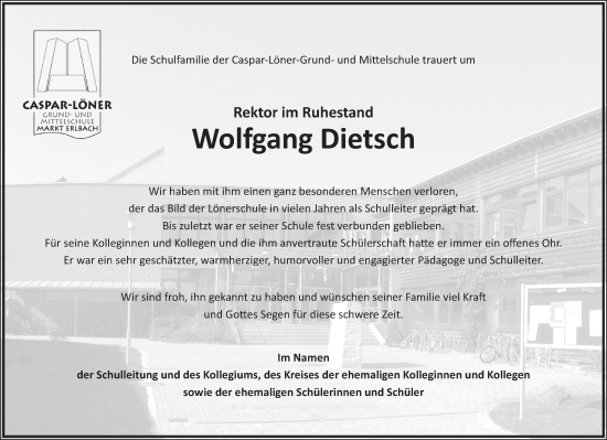 Traueranzeige von Wolfgang Dietsch von Neustadt/ Scheinfeld/ Uffenheim