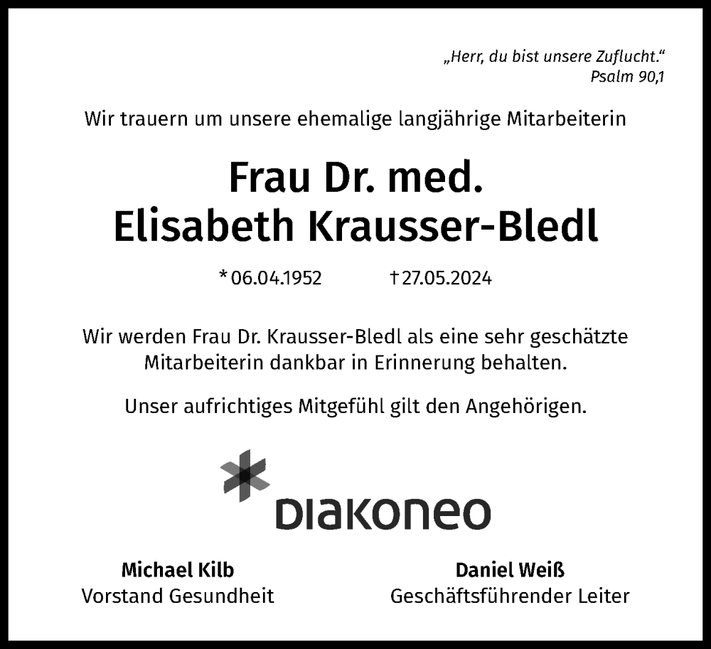 Traueranzeigen Von Elisabeth Krausser Bledl Trauer Flz De