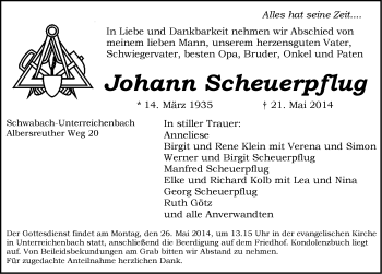 Traueranzeige von Johann Scheuerpflug von Ansbach