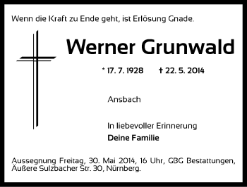 Traueranzeige von Werner Grunwald von Ansbach