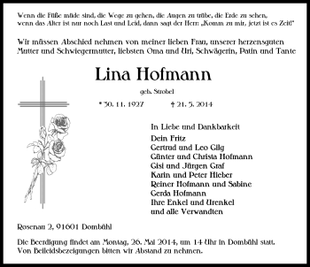 Traueranzeige von Lina Hofmann von Rothenburg