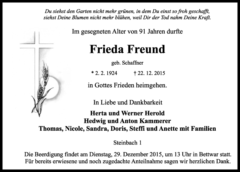 Traueranzeigen Von Frieda Freund Trauer Flz De