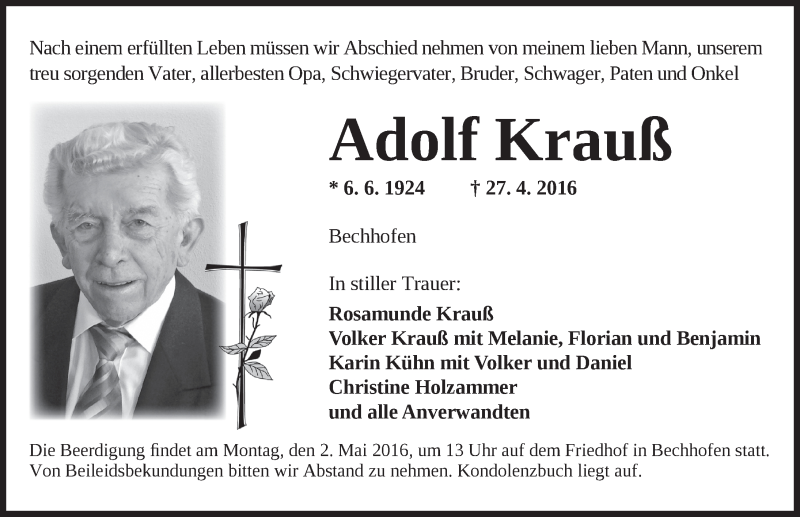 Traueranzeigen Von Adolf Krau Trauer Flz De