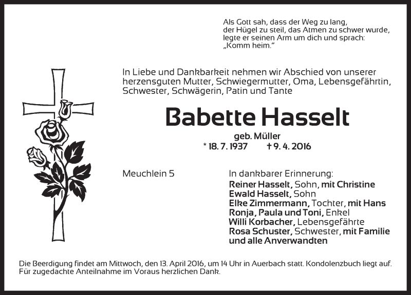 Traueranzeigen Von Babette Hasselt Trauer Flz De