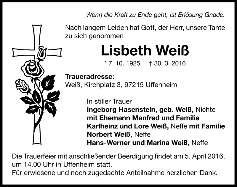 Traueranzeigen Von Lisbeth Wei Trauer Flz De