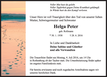 Traueranzeigen Von Helga Peter Trauer Flz De