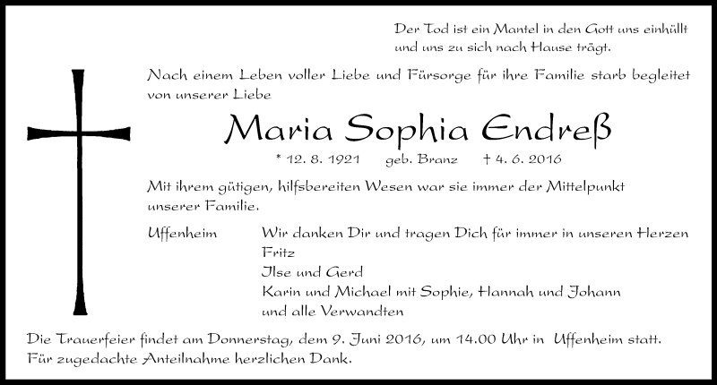 Traueranzeigen Von Maria Sophia Endre Trauer Flz De