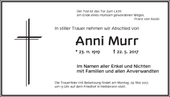 Traueranzeige von Anni Murr von Ansbach