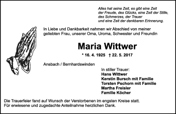 Traueranzeige von Maria Wittwer von Ansbach