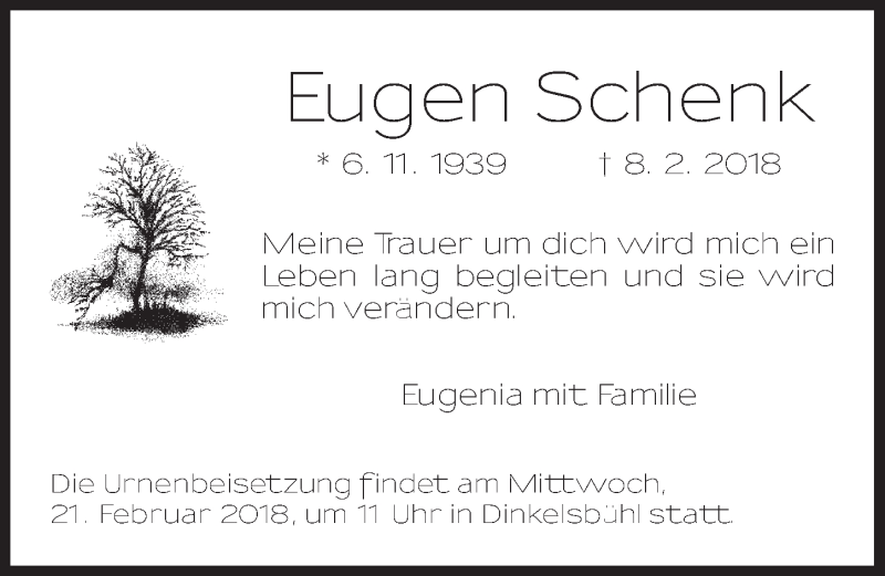  Traueranzeige für Eugen Schenk vom 20.02.2018 aus Dinkelsbühl/ Feuchtwangen