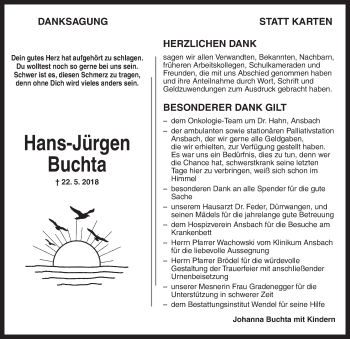 Traueranzeige von Hans-Jürgen Buchta von Dinkelsbühl/ Feuchtwangen