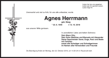 Traueranzeige von Agnes Herrmann von Dinkelsbuhl/ Feuchtwangen